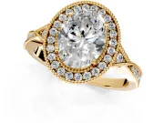 Halo Engagement Ring Setting for Oval Center with Milgrain Rim, Pave Band and Prong Head in Yellow Gold