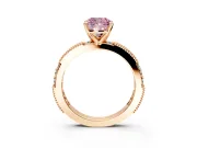 Solitaire Engagement Ring Setting for Fancy Pink Cushion Cut Center with Milgrain-Edged Pave Band and Prong Head in Rose Gold