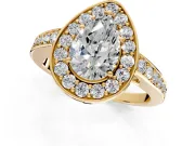 Bezel-Framed Halo Engagement Ring Setting for Pear-Shaped Center with Pave Band and Prong Head in Yellow Gold