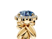 Halo Engagement Ring Setting for Fancy Blue Round Cut Center with Floral Band and Prong Head in Yellow Gold
