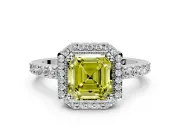 Halo Engagement Ring Setting for Fancy Yellow Asscher Cut Center with Inner Milgrain Border and Prong Head in Platinum