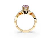Halo Engagement Ring Setting for Fancy Pink Oval Center with Pave Infinity Twist Band and Prong Head in Yellow Gold