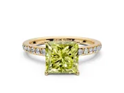 Solitaire Engagement Ring Setting for Fancy Yellow Princess Cut Center with Fine Pave Band and Prong Head in Yellow Gold