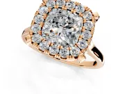 Single Halo Engagement Ring Setting for Cushion Cut Center with Corner Claws, Plain Band and Prong Head in Rose Gold