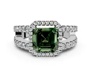 Halo Engagement Ring Setting for Fancy Green Asscher Cut Center with Wide-Open Pave Split Shank and Prong Head in Platinum