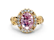Halo Engagement Ring Setting for Fancy Pink Oval Center with Open Scroll Shoulders and Prong Head in Yellow Gold
