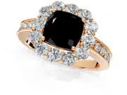 Halo Engagement Ring Setting for Fancy Black Cushion Cut Center with Milgrain Channel Band and Prong Head in Rose Gold