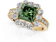 Halo Engagement Ring Setting for Fancy Green Princess Cut Center with Milgrain Channel Band and Prong Head in Yellow Gold