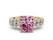 Cluster Engagement Ring Setting for Fancy Pink Radiant Cut Center with 2-Row Shoulder Clusters and Prong Head in Yellow Gold
