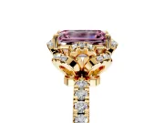 Halo Engagement Ring Setting for Fancy Pink Emerald Cut Center with Openwork Halo, Pave Band and Prong Head in Yellow Gold