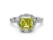 Halo Engagement Ring Setting for Fancy Yellow Asscher Cut Center with Openwork Halo, Pave Band and Prong Head in White Gold