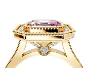 Halo Engagement Ring Setting for Fancy Pink Asscher Cut Center with Milgrain Frame, Pave Band and Prong Head in Yellow Gold
