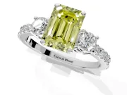 3 Stone Engagement Ring Setting for Fancy Yellow Emerald Cut Center with Round Cut Side Accents and Prong Head in Platinum