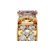 Pave Engagement Ring Setting for Fancy Pink Emerald Cut Center with Curved Accent Rows, Openwork and Prong Head in Yellow Gold