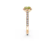 Halo Engagement Ring Setting for Fancy Yellow Cushion Cut Center with Full Pave Band and Prong Head in Rose Gold