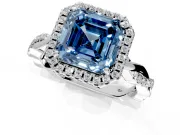 Halo Engagement Ring Setting for Fancy Blue Asscher Cut Center with Pave and Plain Twist Band and Prong Head in White Gold