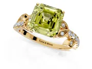 Leaf Motif Engagement Ring Setting for Fancy Yellow Asscher Cut Center with Pave Band and Prong Head in Yellow Gold
