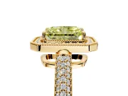 Milgrain Halo Engagement Ring Setting for Fancy Yellow Radiant Cut Center with Three-Sided Pave Band and Prong Head in Yellow Gold