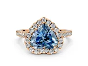 Halo Engagement Ring Setting for Fancy Blue Heart-Shaped Center with Narrowing Pave Band and Prong Head in Rose Gold