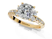Paired Accent Engagement Ring Setting for Cushion Cut Center with Pave Band and Prong Head in Yellow Gold