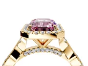 Halo Engagement Ring Setting for Fancy Pink Emerald Cut Center with Twist Band and Prong Head in Yellow Gold