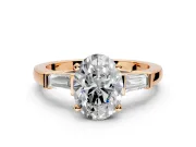 3 Stone Engagement Ring Setting for Oval Center with Channel Baguette Accents and Prong Head in Rose Gold