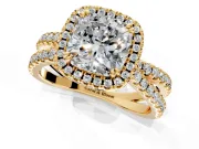 Halo Engagement Ring Setting for Cushion Cut Center with Double Pave Split Shank and Prong Head in Yellow Gold
