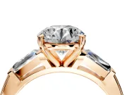 3 Stone Engagement Ring Setting for Round Cut Center with Tapered Baguettes, Plain Band and Prong Head in Rose Gold