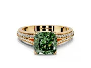 Solitaire Engagement Ring Setting for Fancy Green Cushion Cut Center with Pave Rail Split Shank and Prong Head in Yellow Gold