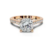 Solitaire Engagement Ring Setting for Cushion Cut Center with Widening Pave Band and Claw Prong Head in Rose Gold