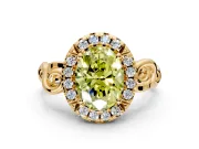 Halo Engagement Ring Setting for Fancy Yellow Oval Center with Open Scroll Shoulders and Prong Head in Yellow Gold