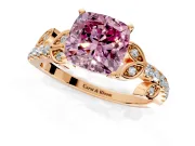 Leaf Motif Engagement Ring Setting for Fancy Pink Cushion Cut Center with Pave Band and Prong Head in Rose Gold