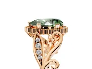 Halo Engagement Ring Setting for Fancy Green Pear-Shaped Center with Leaf Motif Split Shank and Prong Head in Rose Gold