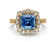 Milgrain Halo Engagement Ring Setting for Fancy Blue Asscher Cut Center with Bezel Point Accents and Prong Head in Yellow Gold