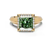 Halo Engagement Ring Setting for Fancy Green Princess Cut Center with Knife Ridge Cathedral Band and Prong Head in Yellow Gold
