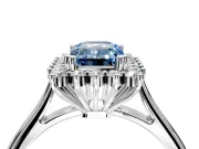 Starburst Halo Engagement Ring Setting for Fancy Blue Emerald Cut Center with Thin Round-Wire Band and Prong Head in Sterling Silver