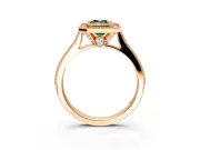 Halo Engagement Ring Setting for Fancy Green Emerald Cut Center with Milgrain Pave Band and Bezel Head in Rose Gold