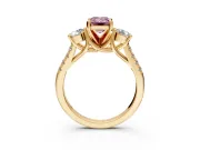 3 Stone Engagement Ring Setting for Fancy Pink Emerald Cut Center with Crossover Basket, Pave Band and Prong Head in Yellow Gold