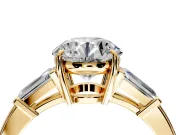 3 Stone Engagement Ring Setting for Round Cut Center with Baguette Accents and Prong Head in Yellow Gold