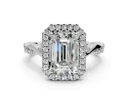 Halo Engagement Ring Setting for Emerald Cut Center with Twist Band and Prong Head in Sterling Silver