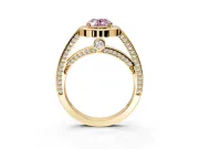 Halo Engagement Ring Setting for Fancy Pink Oval Center with Framed Halo, Pave Band and Prong Head in Yellow Gold