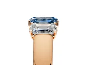 3 Stone Engagement Ring Setting for Fancy Blue Emerald Cut Center with Raised Basket Heads and Prong Head in Rose Gold