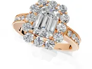 Halo Engagement Ring Setting for Emerald Cut Center with Milgrain Channel Band and Prong Head in Rose Gold