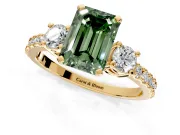 3 Stone Engagement Ring Setting for Fancy Green Emerald Cut Center with Round Cut Side Accents and Prong Head in Yellow Gold