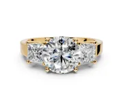 3 Stone Engagement Ring Setting for Round Cut Center with Matching Side Accents and Prong Head in Yellow Gold