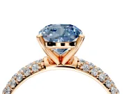 Solitaire Engagement Ring Setting for Fancy Blue Cushion Cut Center with Domed Multi-Row Pave Band and Prong Head in Rose Gold