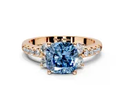 Paired Accent Engagement Ring Setting for Fancy Blue Cushion Cut Center with Pave Band and Prong Head in Rose Gold