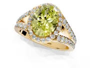 Halo Engagement Ring Setting for Fancy Yellow Oval Center with Narrow Pave Split Shank and Prong Head in Yellow Gold
