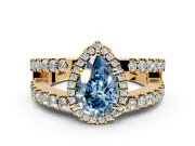Halo Engagement Ring Setting for Fancy Blue Pear-Shaped Center with Wide-Open Pave Split Shank and Prong Head in Yellow Gold
