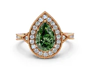 Halo Engagement Ring Setting for Fancy Green Pear-Shaped Center with Milgrain Rim, Pave Band and Prong Head in Rose Gold